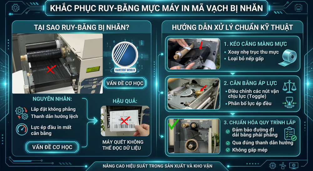 Hướng dẫn cách khắc phục lỗi ruy băng mực máy in mã vạch bị nhăn Hướng dẫn cách khắc phục lỗi ruy băng mực máy in mã vạch bị nhăn