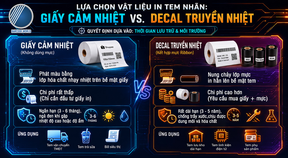 Lựa chọn giấy cảm nhiệt hay decal truyền nhiệt cho từng loại tem nhãn Lựa chọn giấy cảm nhiệt hay decal truyền nhiệt cho từng loại tem nhãn