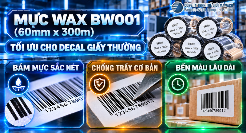 Mực in mã vạch wax 60mmx300mm tương thích cao với decal giấy Mực in mã vạch wax 60mmx300mm tương thích cao với decal giấy