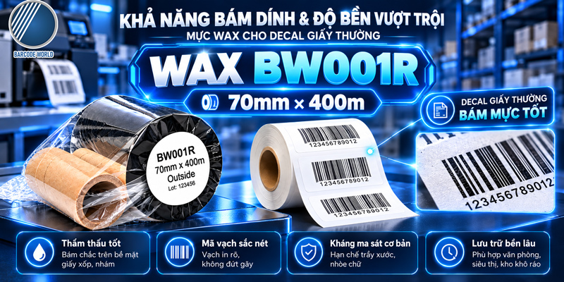 Mực in wax BW001R 70mmx400m tương thích decal giấy Mực in wax BW001R 70mmx400m tương thích decal giấy