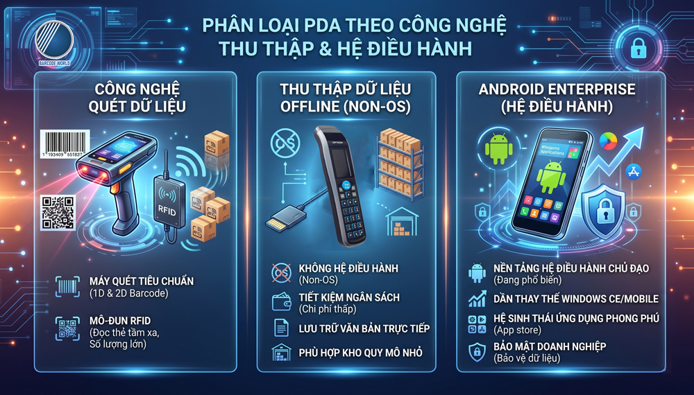 Phân loại PDA theo công nghệ thu thập & Hệ điều hành Phân loại PDA theo công nghệ thu thập & Hệ điều hành
