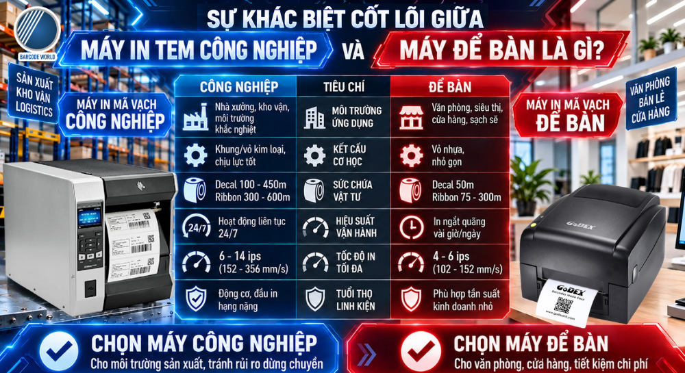 Sự khác biệt giữa máy in mã vạch công nghiệp và máy để bàn Sự khác biệt giữa máy in mã vạch công nghiệp và máy để bàn