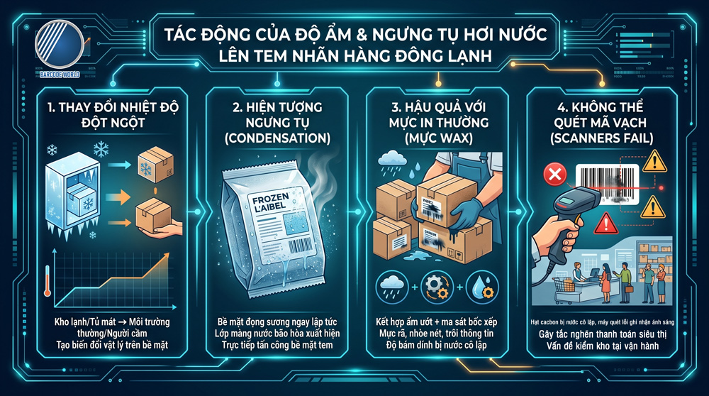 Tác động của độ ẩm và hiện tượng ngưng tụ hơi nước trong kho lạnh đến tem nhãn dán Tác động của độ ẩm và hiện tượng ngưng tụ hơi nước trong kho lạnh đến tem nhãn dán