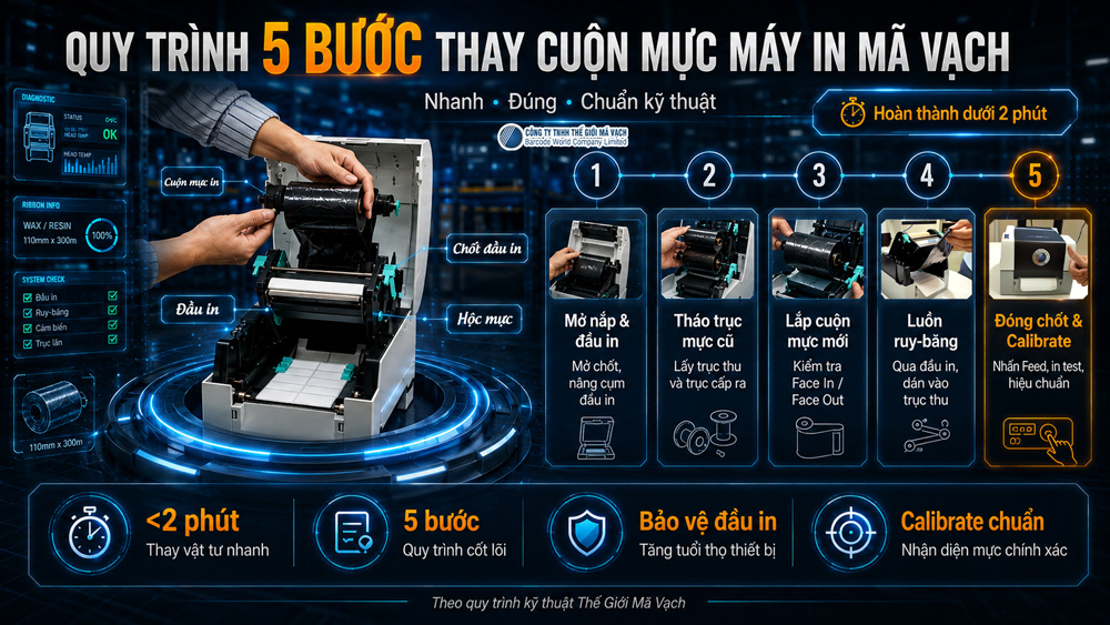 Quy trình 5 bước thay cuộn mực máy in mã vạch Quy trình 5 bước thay cuộn mực máy in mã vạch