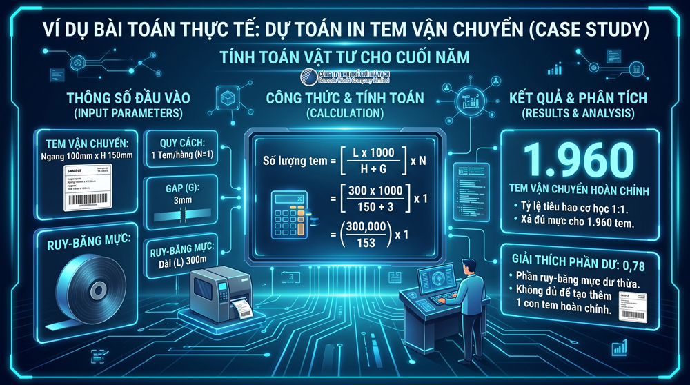 Ví dụ bài toán thực tế tính số tem in được trên 1 cuộn ruy băng mực cho doanh nghiệp Ví dụ bài toán thực tế tính số tem in được trên 1 cuộn ruy băng mực cho doanh nghiệp